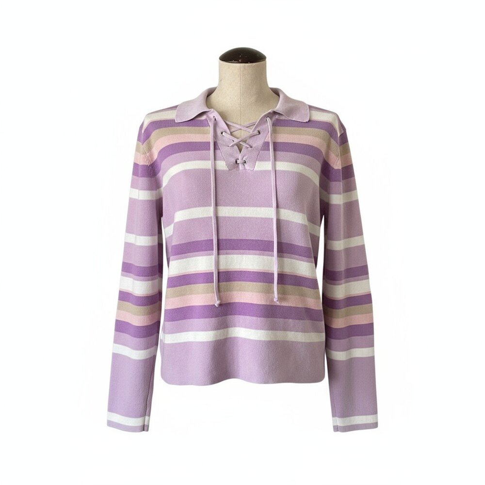 Y2K Striped Lace-Up Sweater in Purple, White, Tan w/ Collar